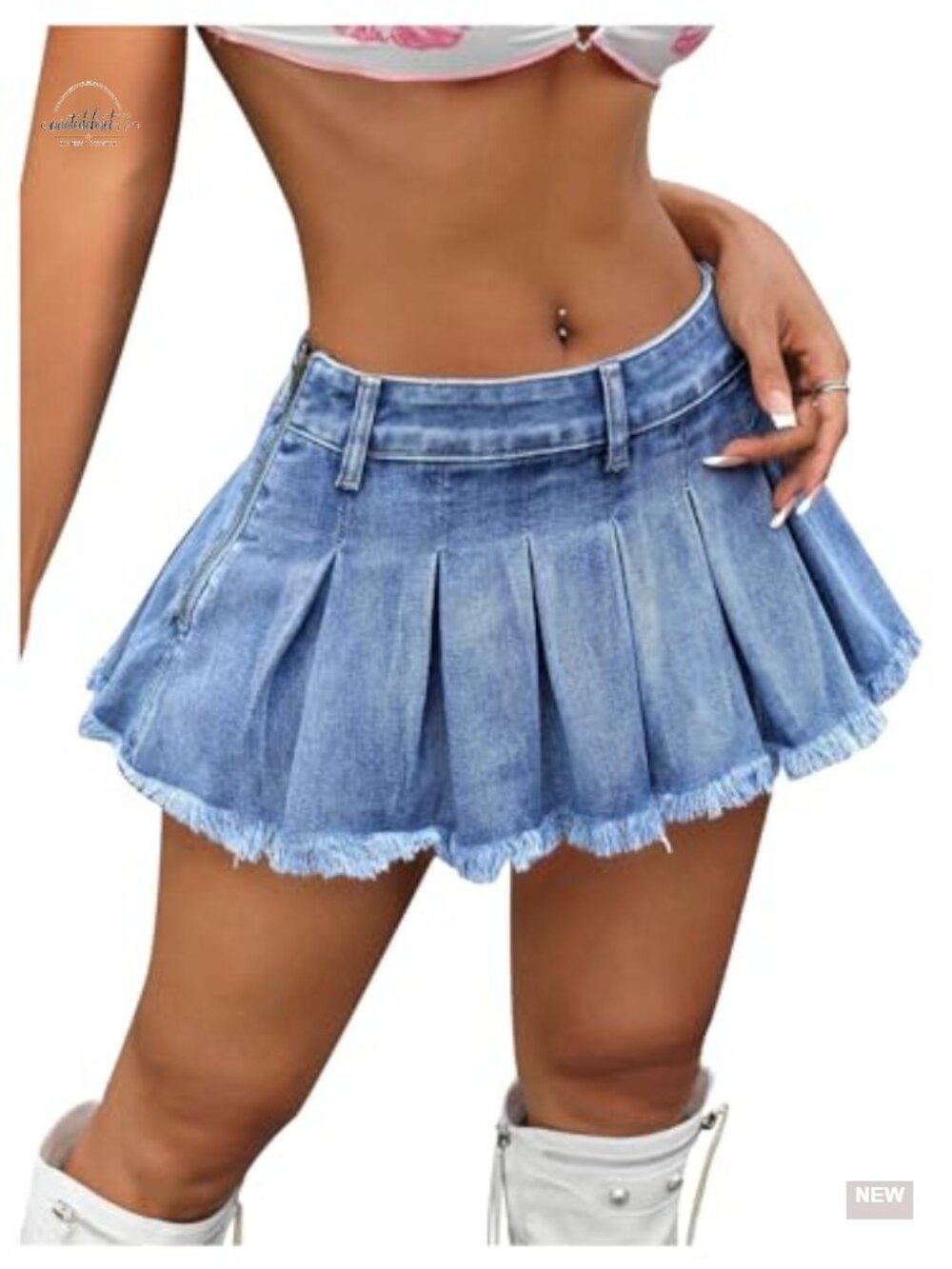 Women's Y2K Denim Mini Skirt Low Waist Pleated Raw Hem Ruffle Jean Skirt